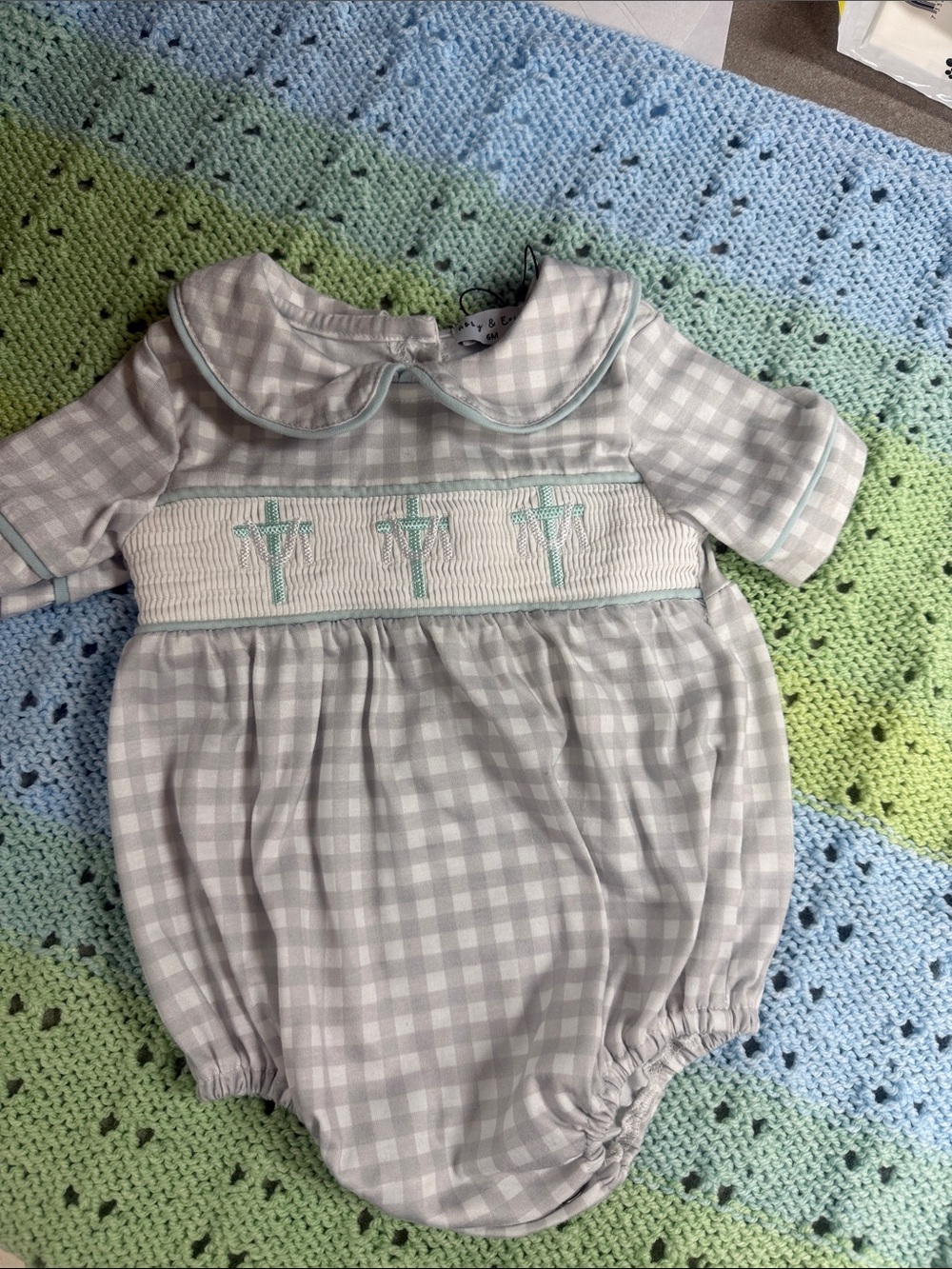 Smocked Gray Gingham Baby One-Piece with Mint Crosses